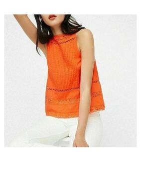 Free People Tank Boho Gypsy Sleeveless 100% Cotton Orange Lace Pintuck Sz L